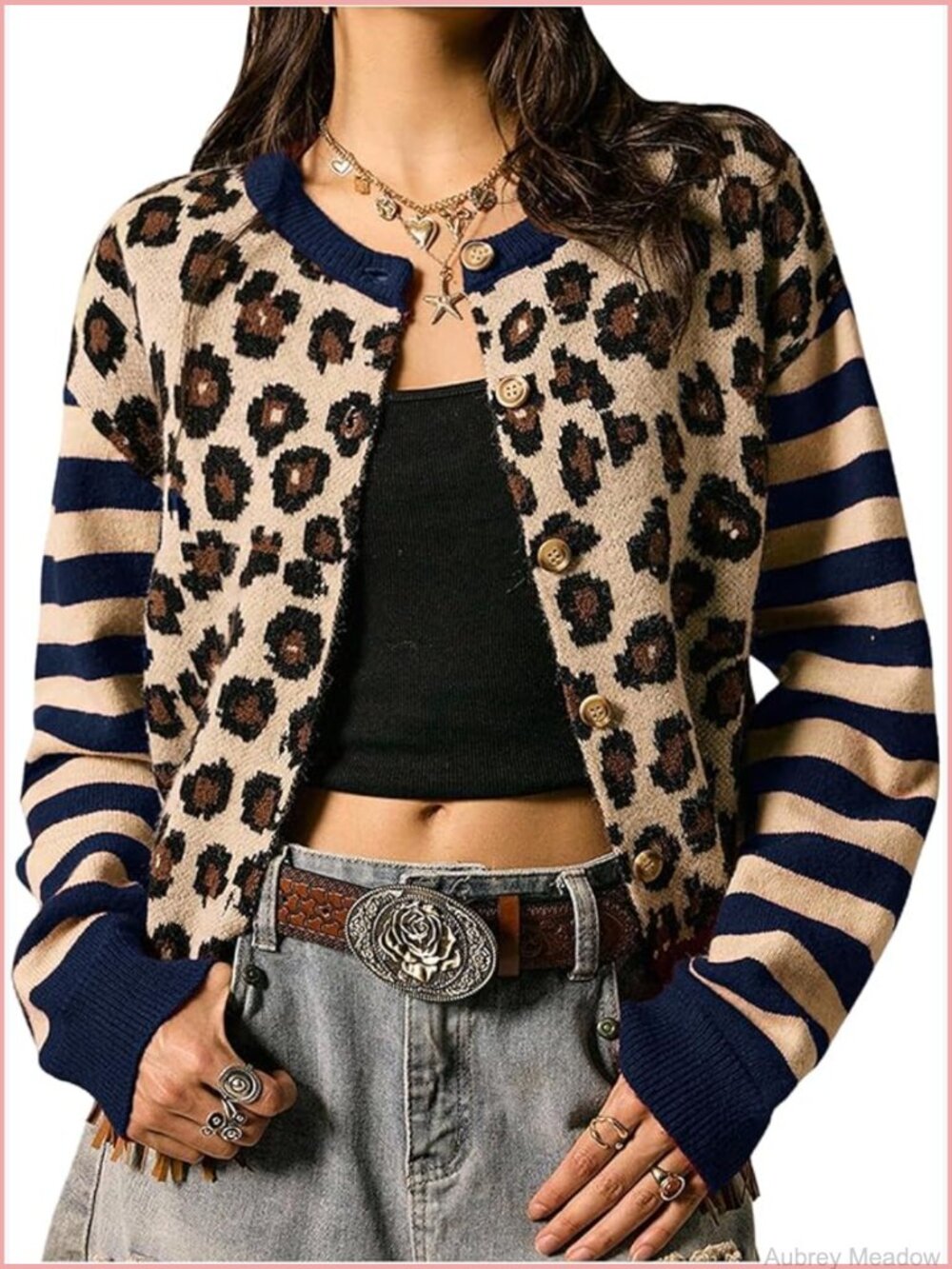 Striped Leopard Print Cardigan - Button Down Crew Neck Knit Sweater